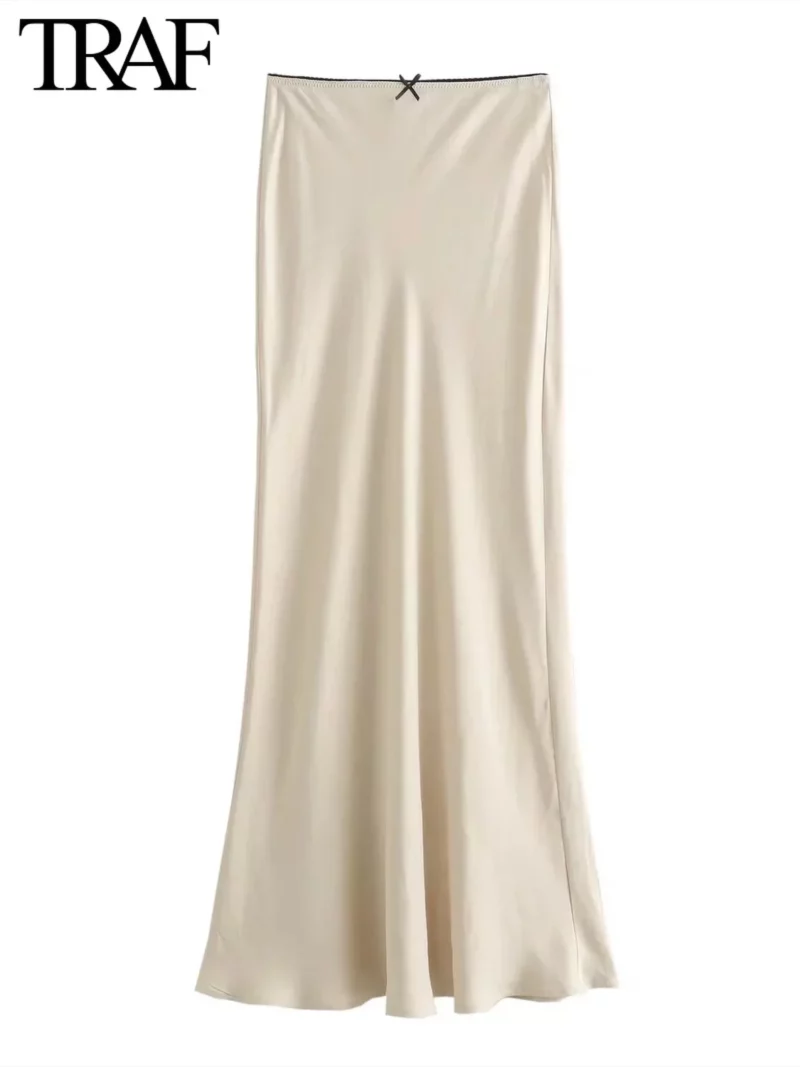TRAF Women Fashion 2024 Spring New Satin Texture Bow Decoration Vintage Chic Female High Waist H Line Long Skirts Mujer - Image 4