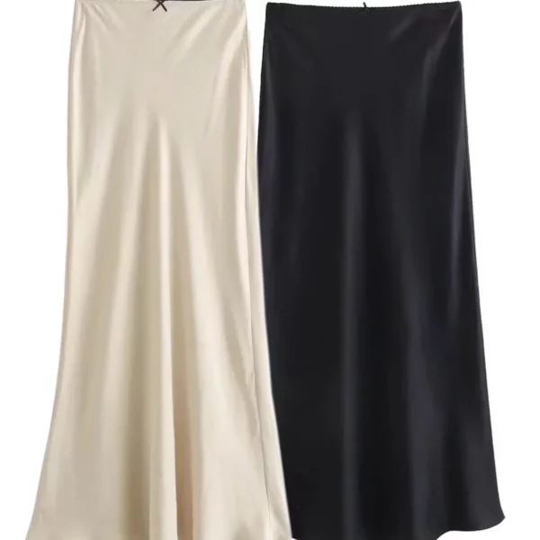 TRAF Women Fashion 2024 Spring New Satin Texture Bow Decoration Vintage Chic Female High Waist H Line Long Skirts Mujer