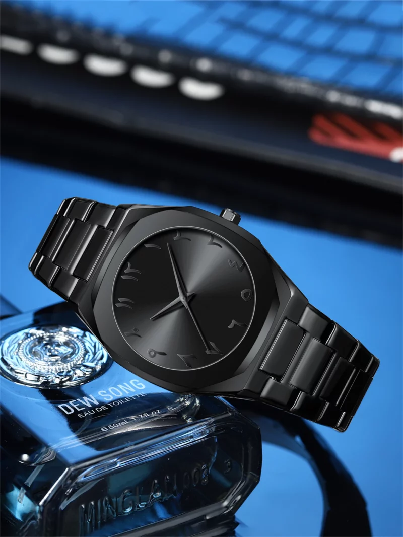 Modern minimalist personality creative all-black men's watch Arabic digital sports leisure alloy men's watch unique design watch - Image 5
