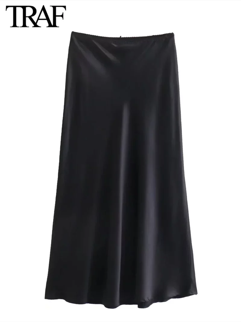 TRAF Women Fashion 2024 Spring New Satin Texture Bow Decoration Vintage Chic Female High Waist H Line Long Skirts Mujer - Image 3