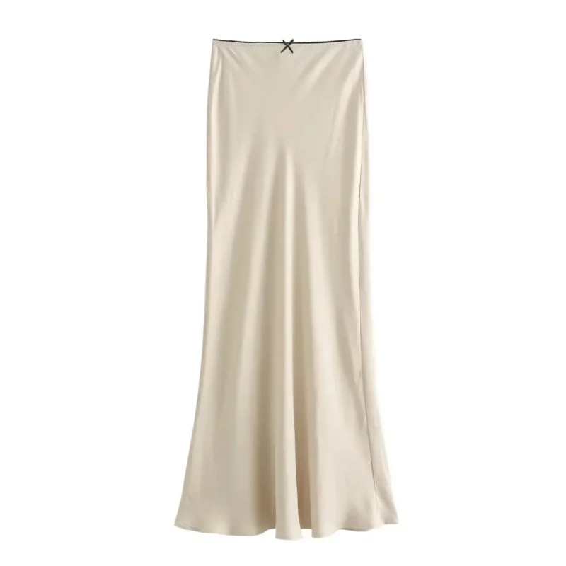 TRAF Women Fashion 2024 Spring New Satin Texture Bow Decoration Vintage Chic Female High Waist H Line Long Skirts Mujer - Image 7