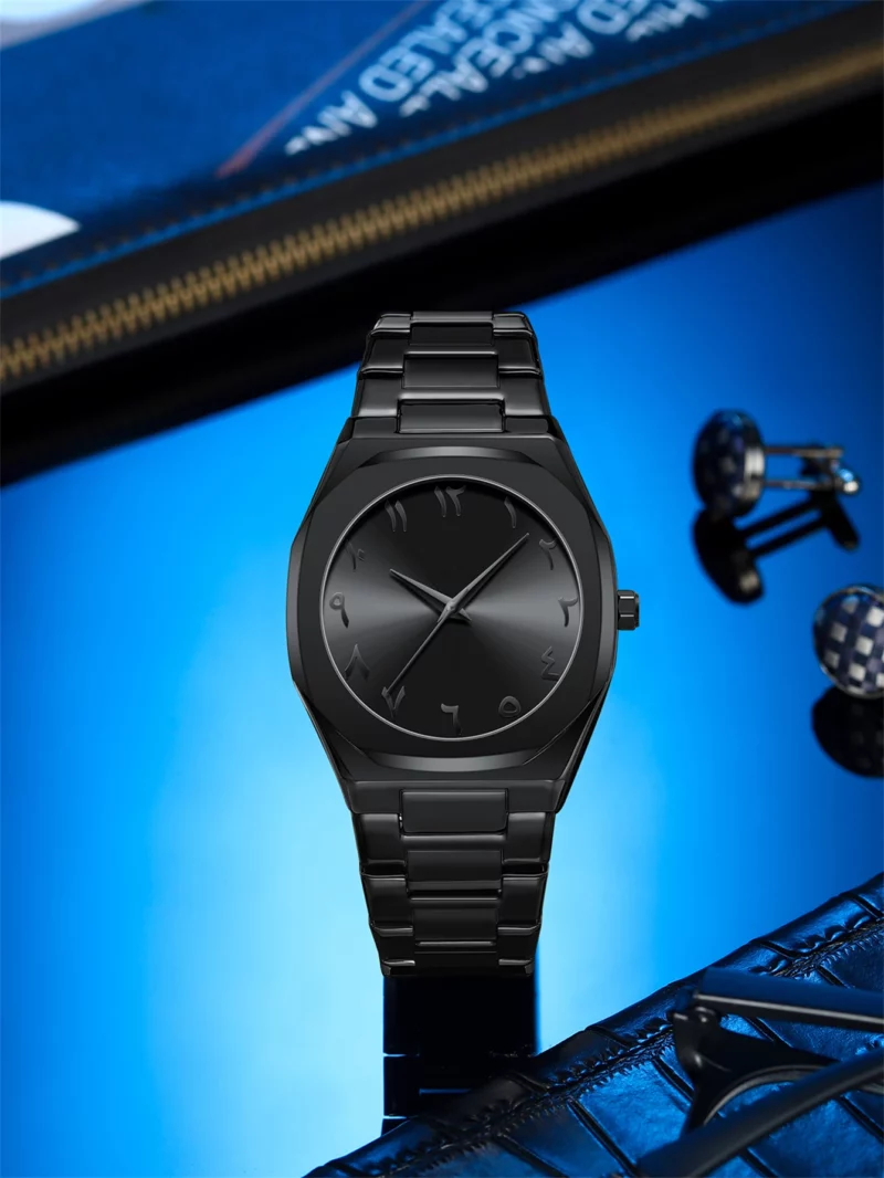 Modern minimalist personality creative all-black men's watch Arabic digital sports leisure alloy men's watch unique design watch - Image 4