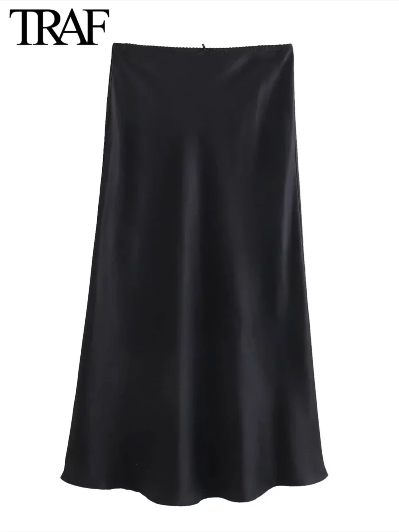 TRAF Women Fashion 2024 Spring New Satin Texture Bow Decoration Vintage Chic Female High Waist H Line Long Skirts Mujer - Image 2